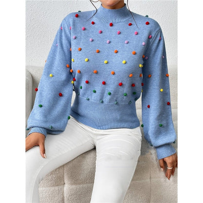 Long Sleeve Crewneck Colorful Balls Embellished Casual Knitted Sweater