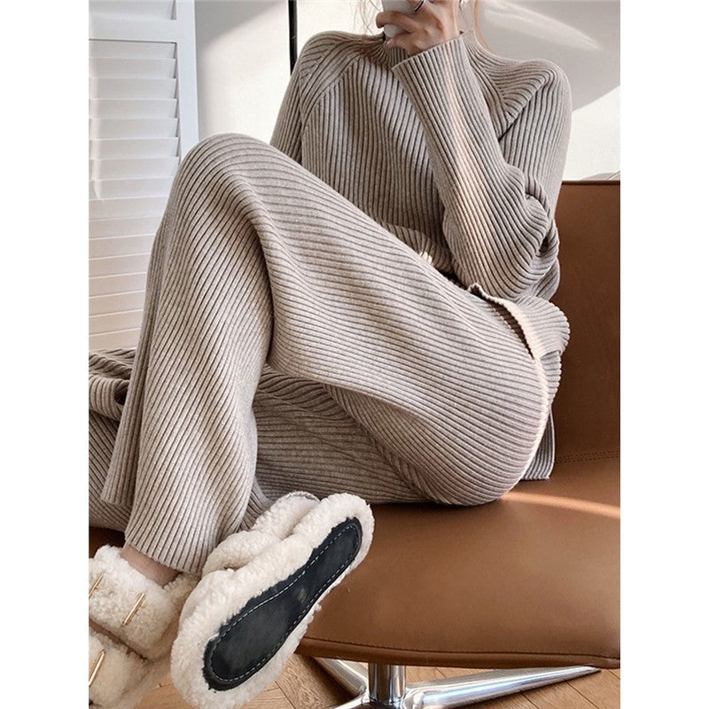 Pure Color Sweater Casual Suit