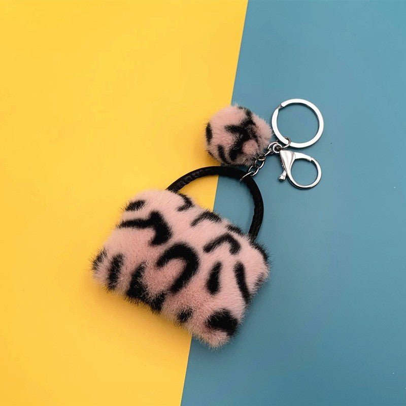 Furry Leopard Print Bag Keychain