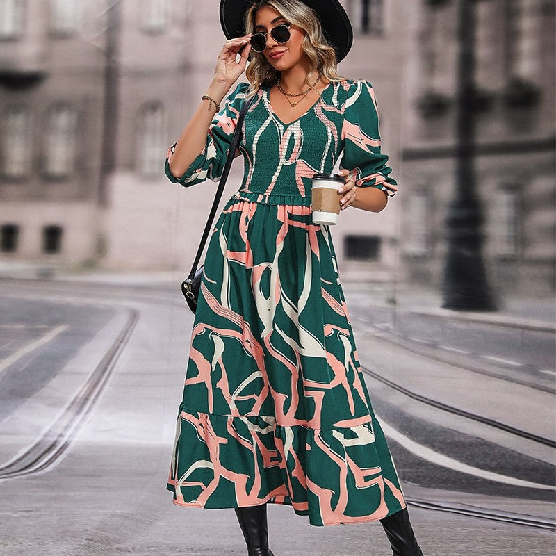 Ruffled V-Neck Printed Long-Sleeved Dress