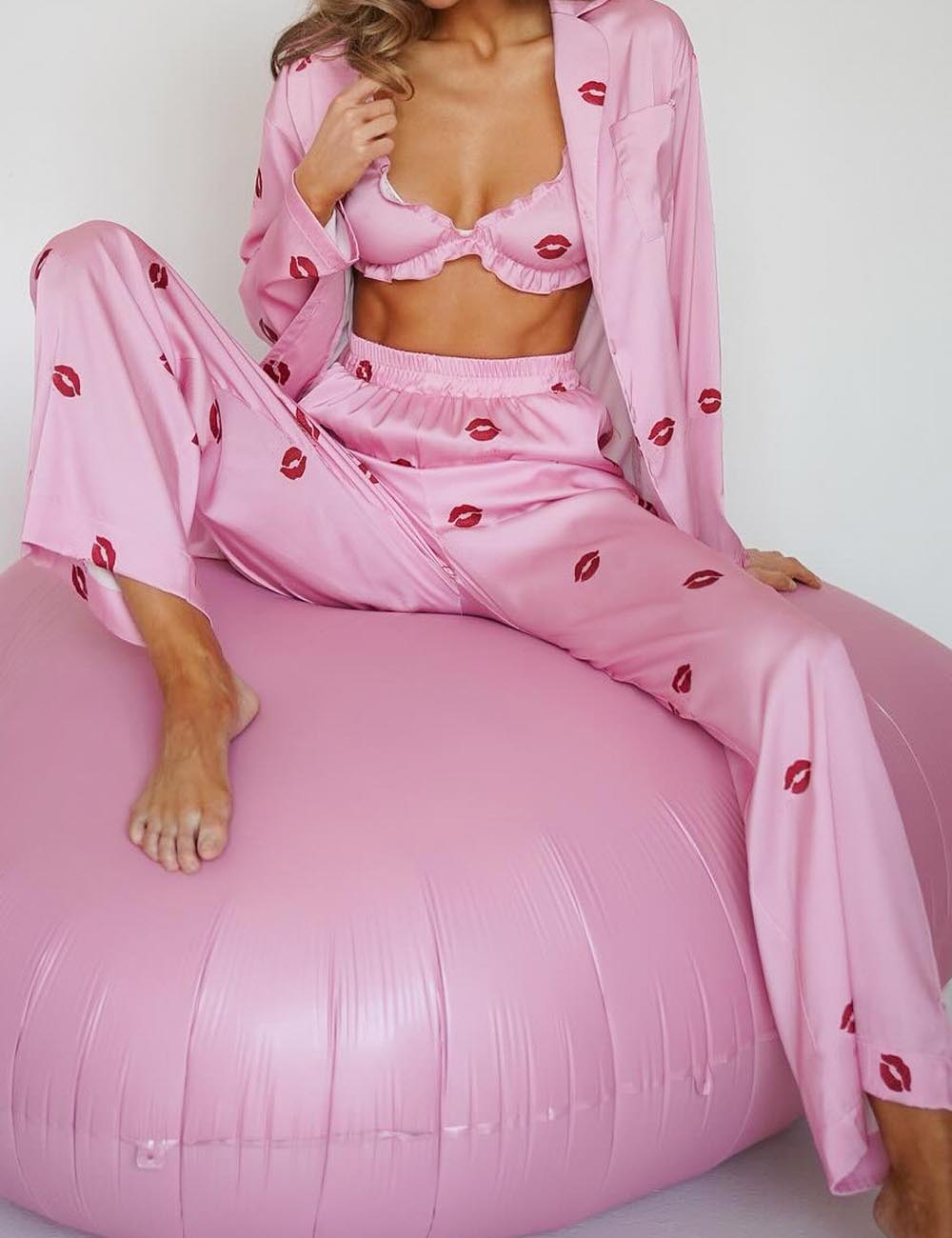 3 Pcs Sexy Print Soft Satin Pajamas Set