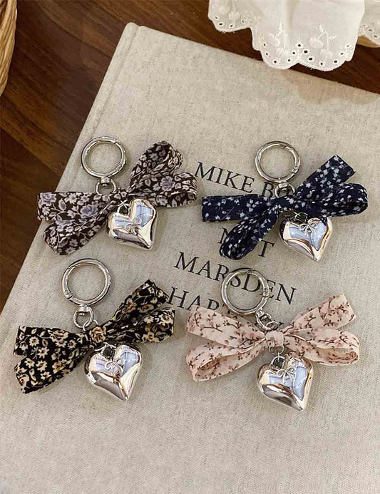 Elegant Floral Print Bow Heart Keychain Charms