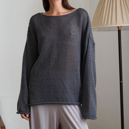 Solid Color See Through Flare Sleeves Knit Top