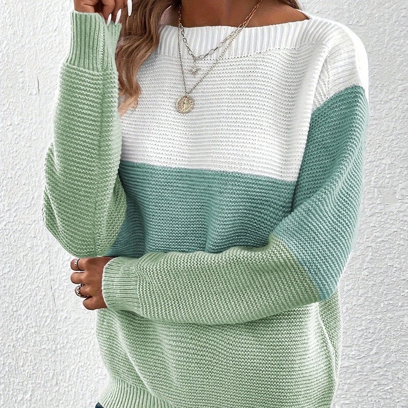 Knitted Sweater Color Block Round Neck Long Sleeve