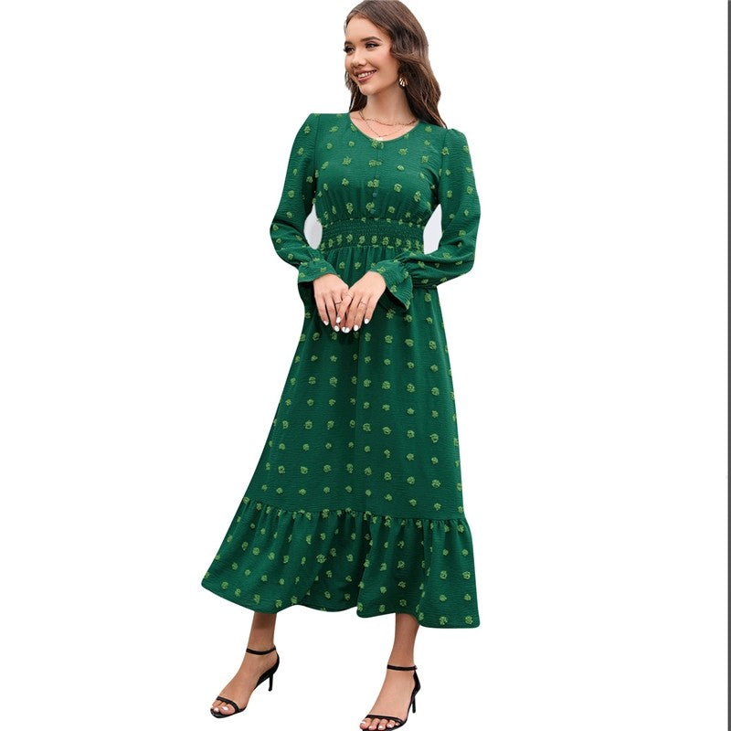 Ladies V Neck Long Sleeve Dress Jacquard Waist Neck Dress