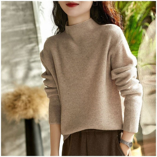 Women's Solid Knit Sweater Semi High Neck