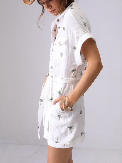 Tree Embroidered String Pockets Lapel Romper