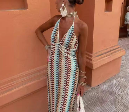 Backless Striped Halter Maxi Knit Dress