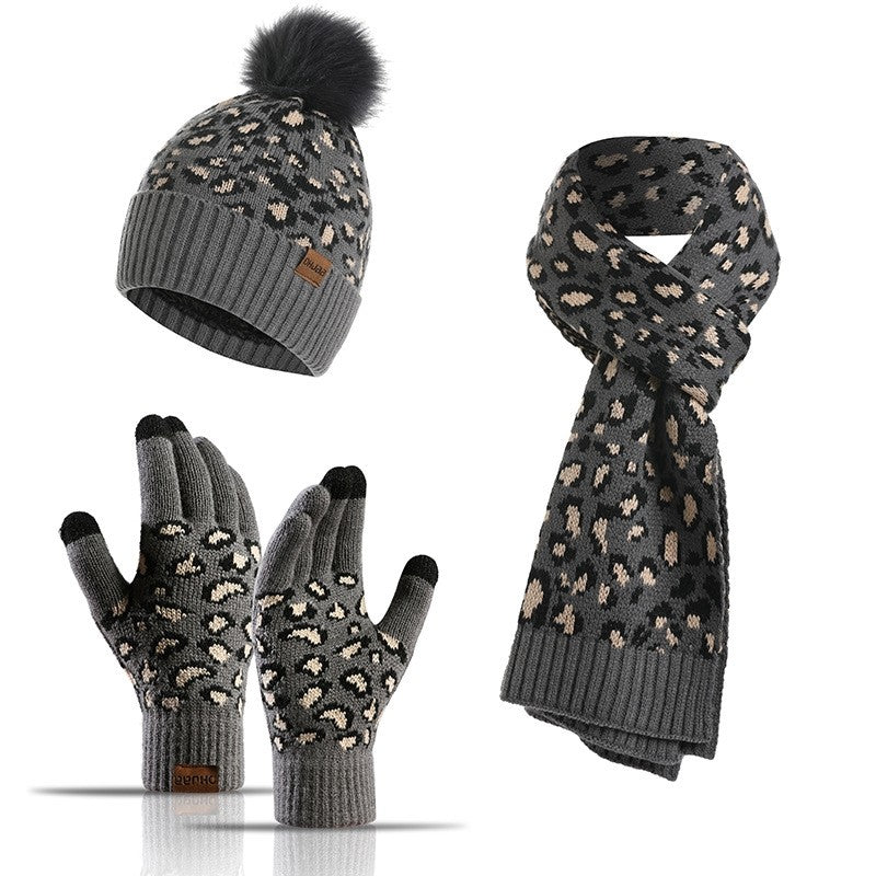Leopard Print Warm Wool Hat Scarf Gloves Three-Piece Set