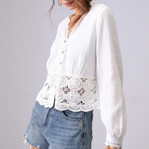 Hollow Lace Ruffled V-Neck Shirt