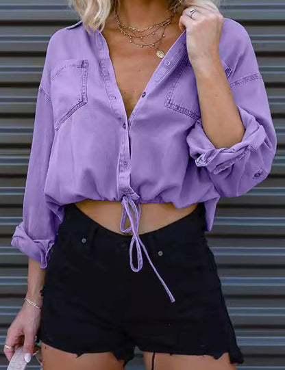 Trendy Polo Collar Long Sleeve Drawstring Shirt