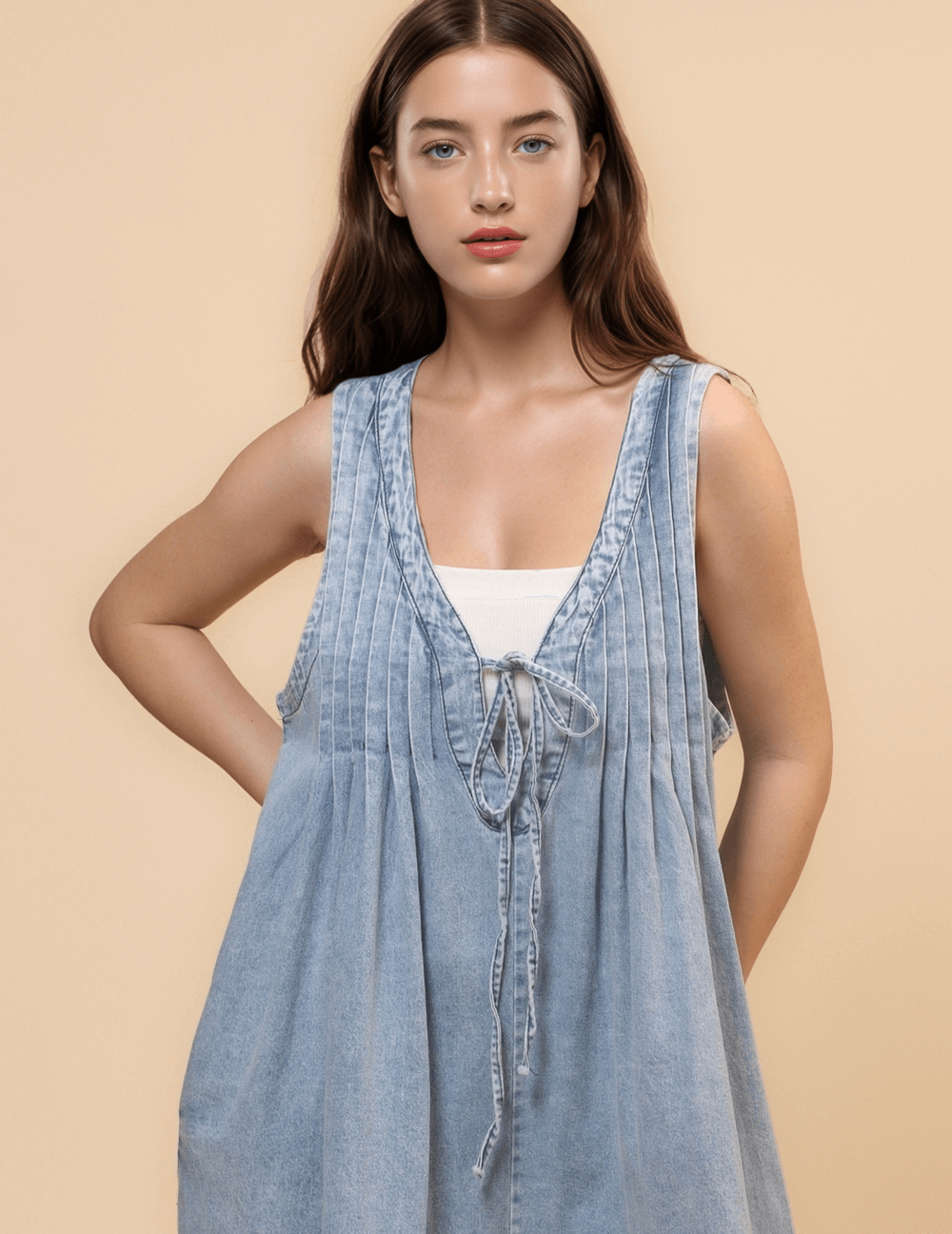 Sleeveless String Tie Loose Denim Short Jumpsuit