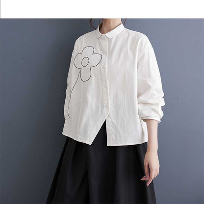 Long Sleeve Lapel Single Breasted Embroidery Loose Blouse