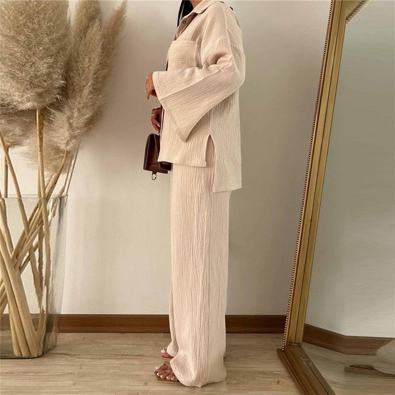 Solid Color Long Sleeve Lapel Blouse And Wide Leg Pants Two Pieces Suit