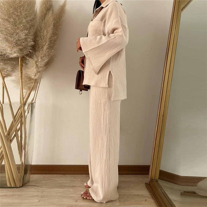 Solid Color Long Sleeve Lapel Blouse And Wide Leg Pants Two Pieces Suit