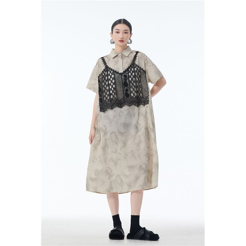 Lace Trim Polo Collar Short Sleeve A Line Dress