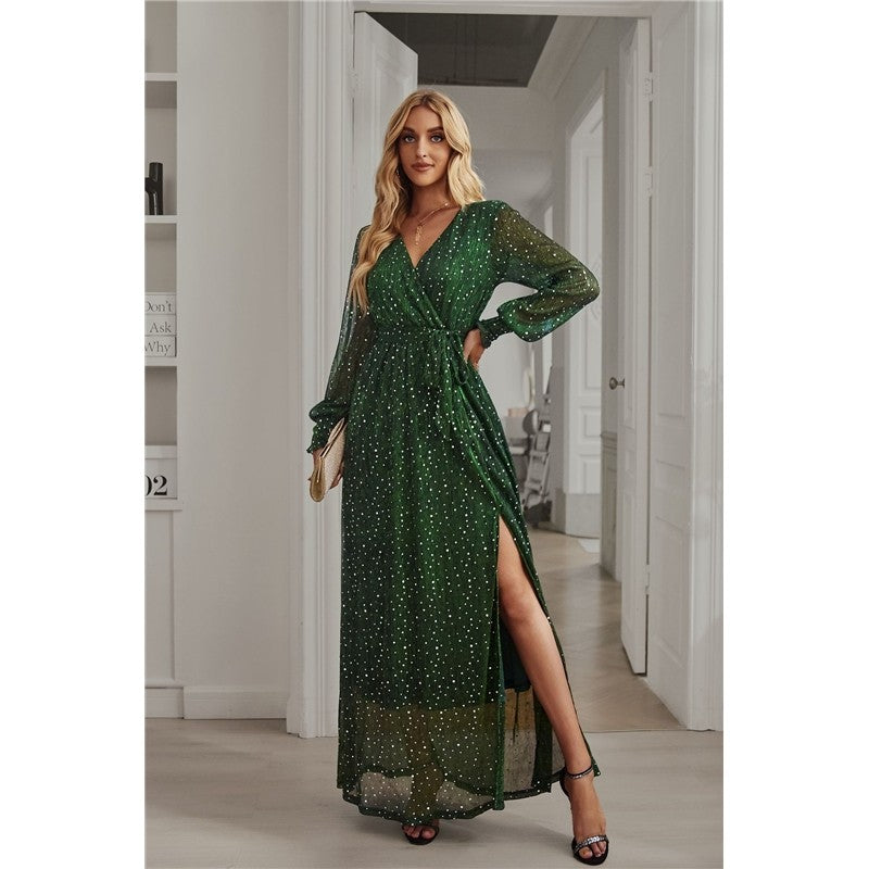 Solid Color Long Sleeves V-Neck Waist Tied Slit Glitter Maxi Evening Dress