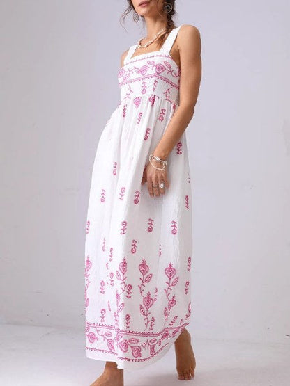 Floral Embroidered Backless Strap Maxi Dresses