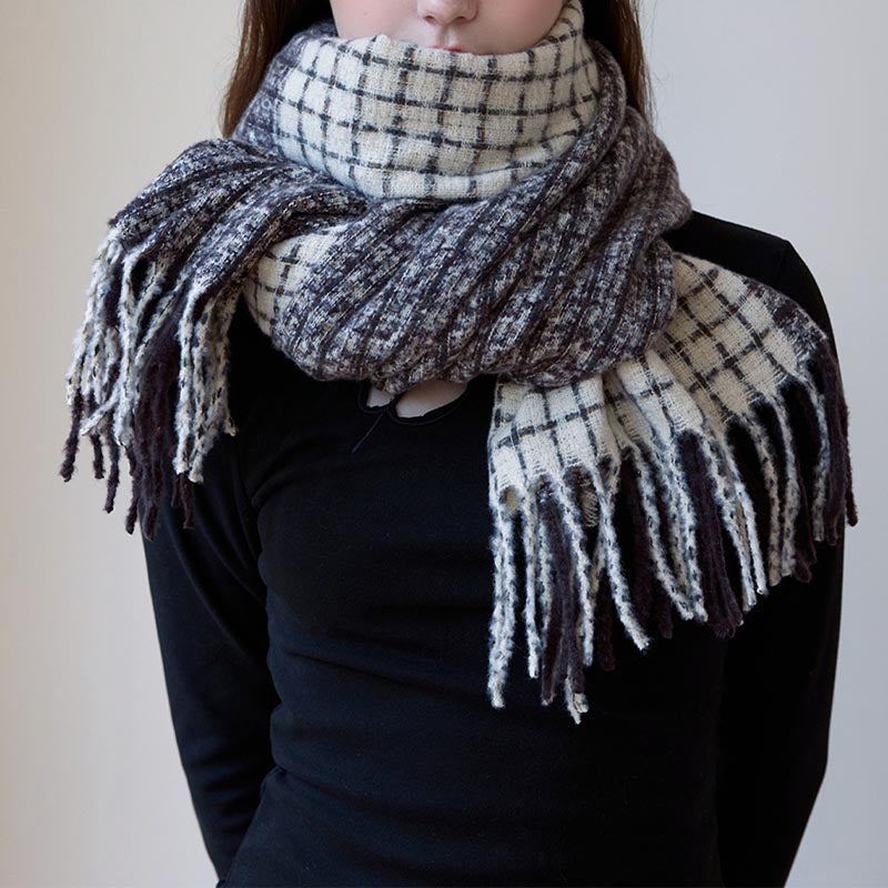 Soft Wool Blend Checkered Fringe Scarf