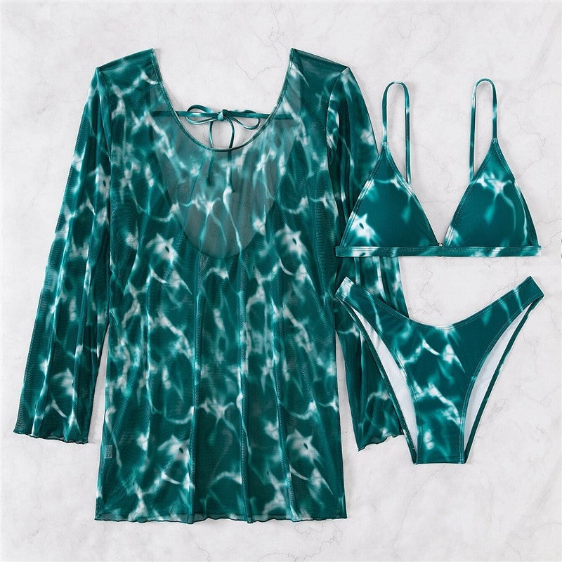 Split Three Piece Tie-Dye Printed Bikini Swimsuit