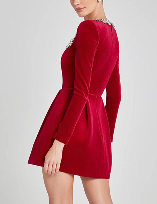 Elegant Velvet Rhinestone Trim Mini Dress