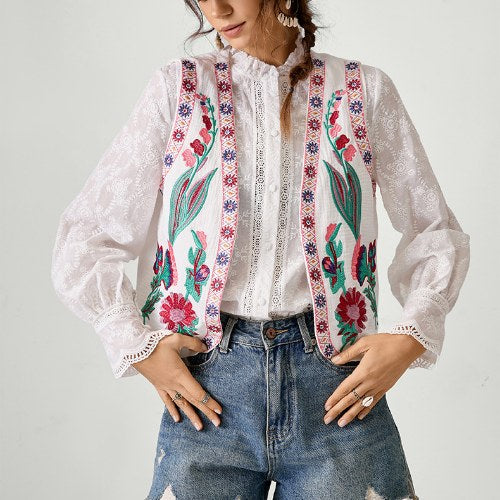 Floral Embroidered Open Front Vest