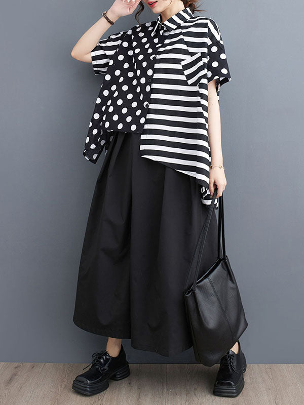 Loose Short Sleeves Buttoned Contrast Color Pockets Polka-Dot Split-Back Split-Joint Striped Lapel T-Shirts Tops