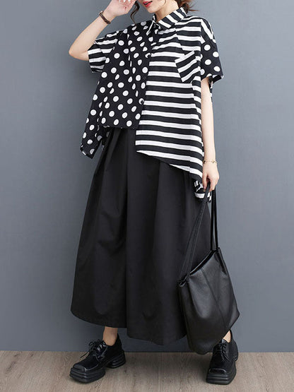 Loose Short Sleeves Buttoned Contrast Color Pockets Polka-Dot Split-Back Split-Joint Striped Lapel T-Shirts Tops
