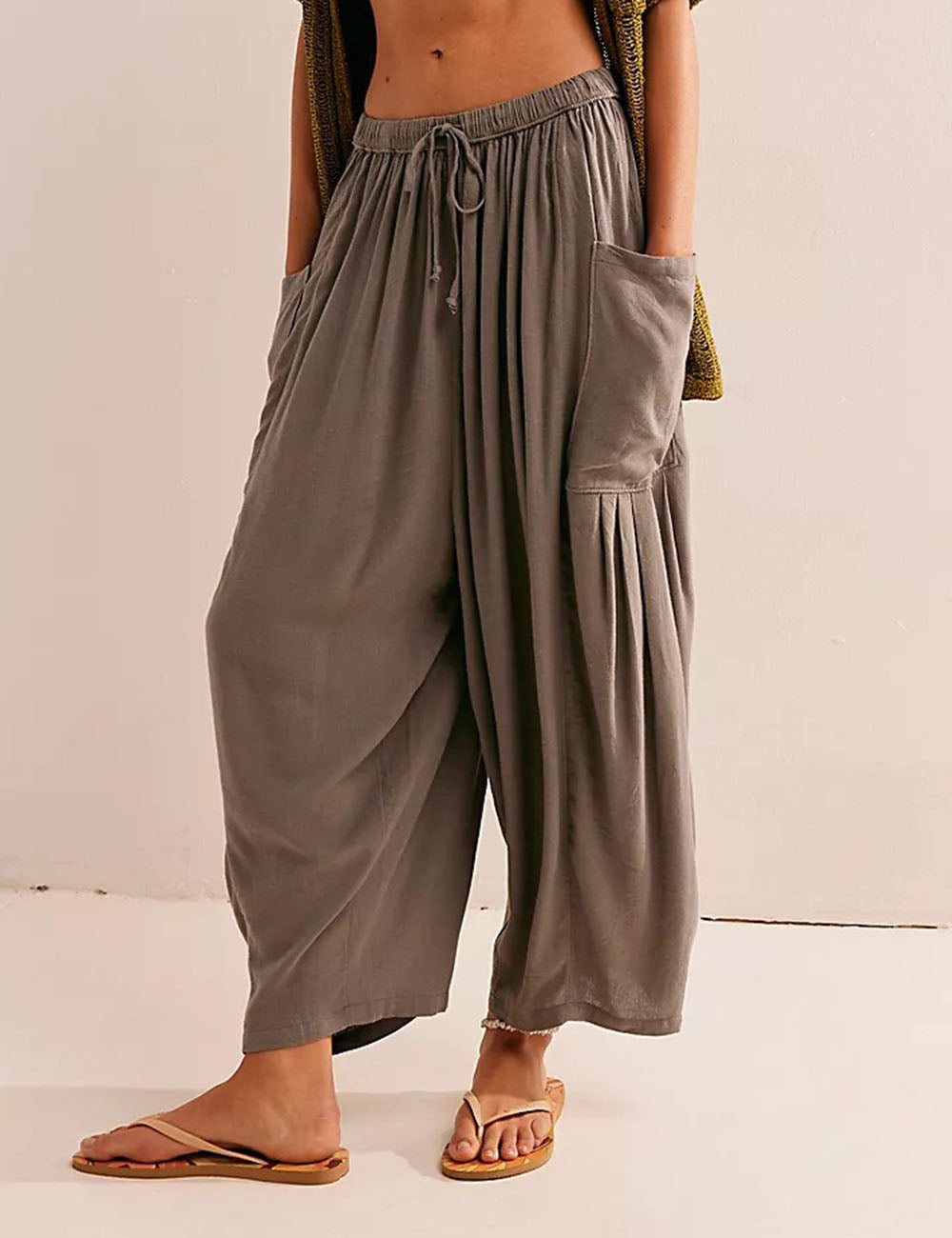Solid Color String Elastic Waist Loose Pants