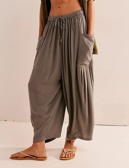 Solid Color String Elastic Waist Loose Pants