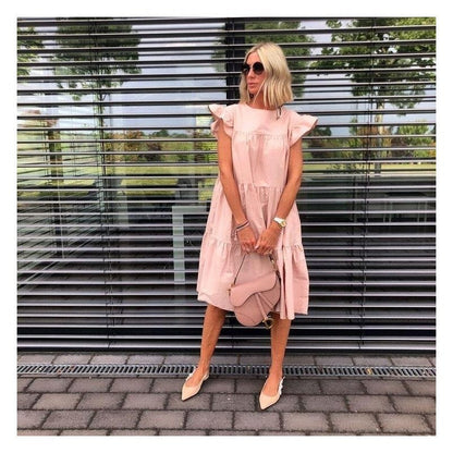 Solid Color Loose Pleated Short Sleeve Dress