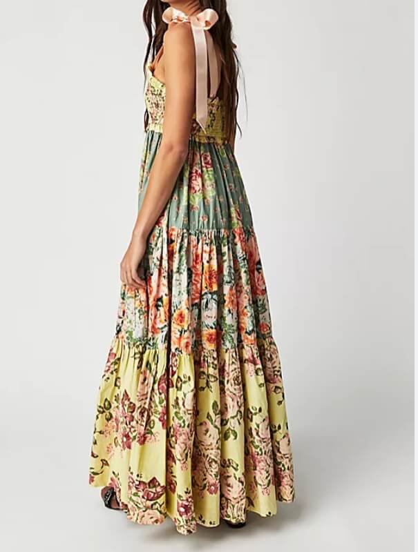 Trendy Color Block Printed Strape Maxi Dress