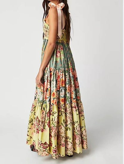 Trendy Color Block Printed Strape Maxi Dress