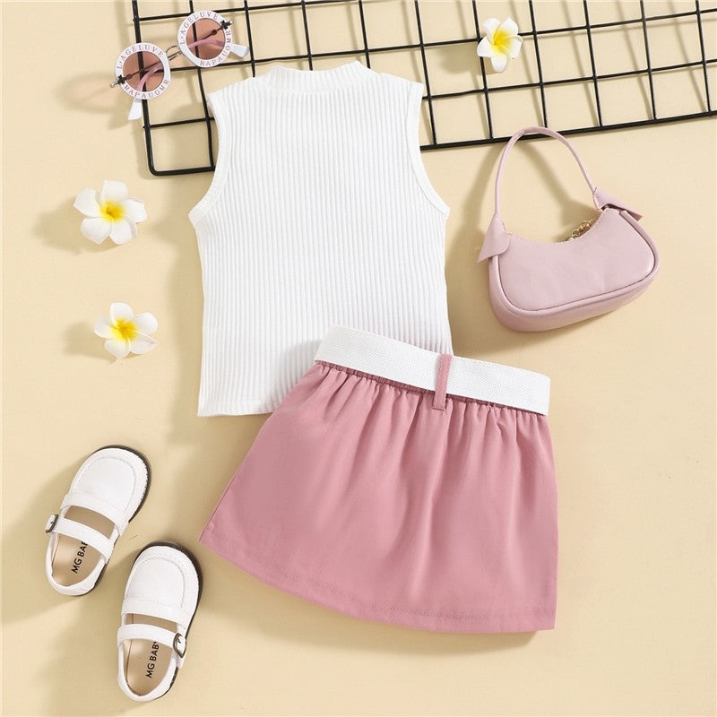 Crewneck Sleeveless Ribbed Vest And Skirt And Belted Waist Bag Three Pieces Suits