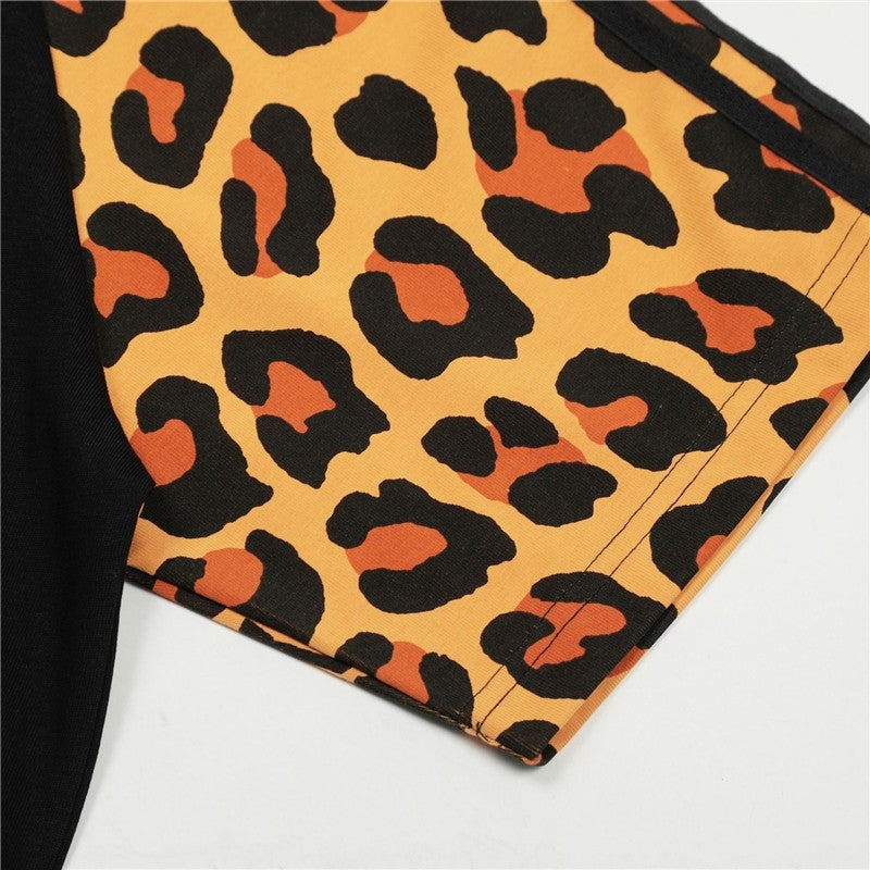 Leopard Print Spliced Raglan Sleeve T-Shirt