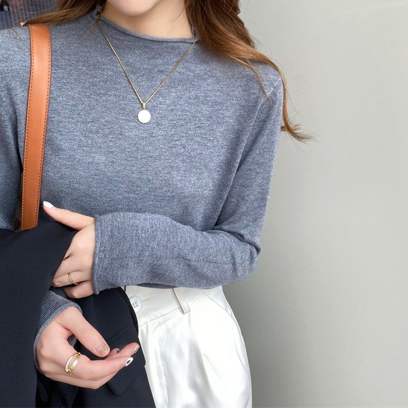 Solid Color Long Sleeve Half Turtleneck Thin Base Knitted Sweater
