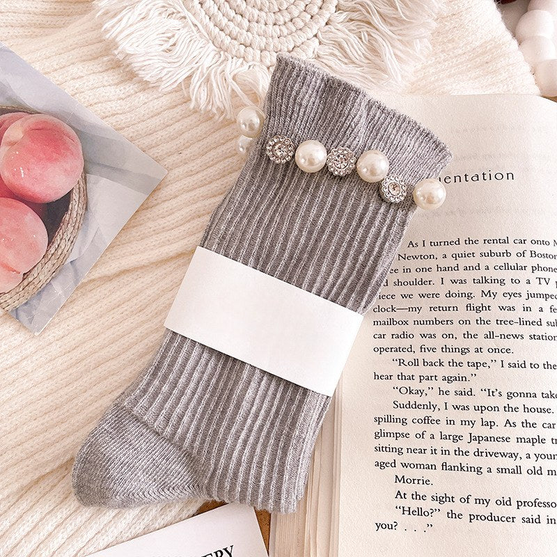 Rhinestone Pearl Solid Color Sweet Socks