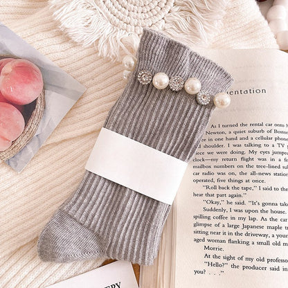 Rhinestone Pearl Solid Color Sweet Socks