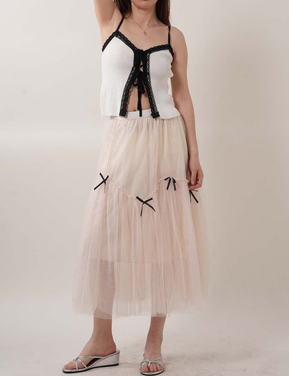 Bow Tulle Layered Mesh A-Line Miid Skirt