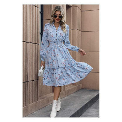 Long Sleeves V-Neck Floral Printed A-Line Dress