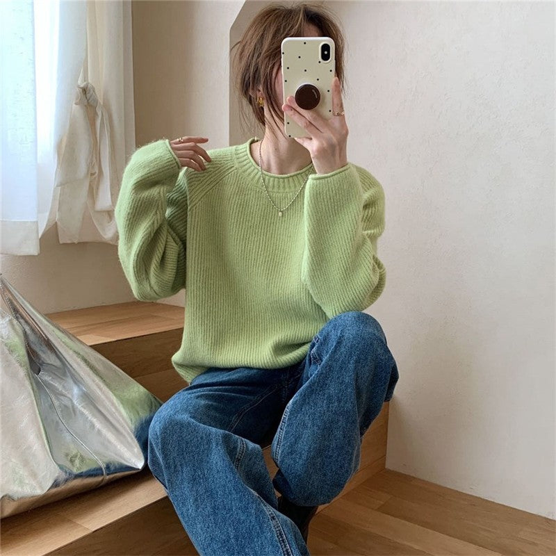 Rolled Edge Round Neck Pullover Sweater Women's Soft Loose Fit Knit Top