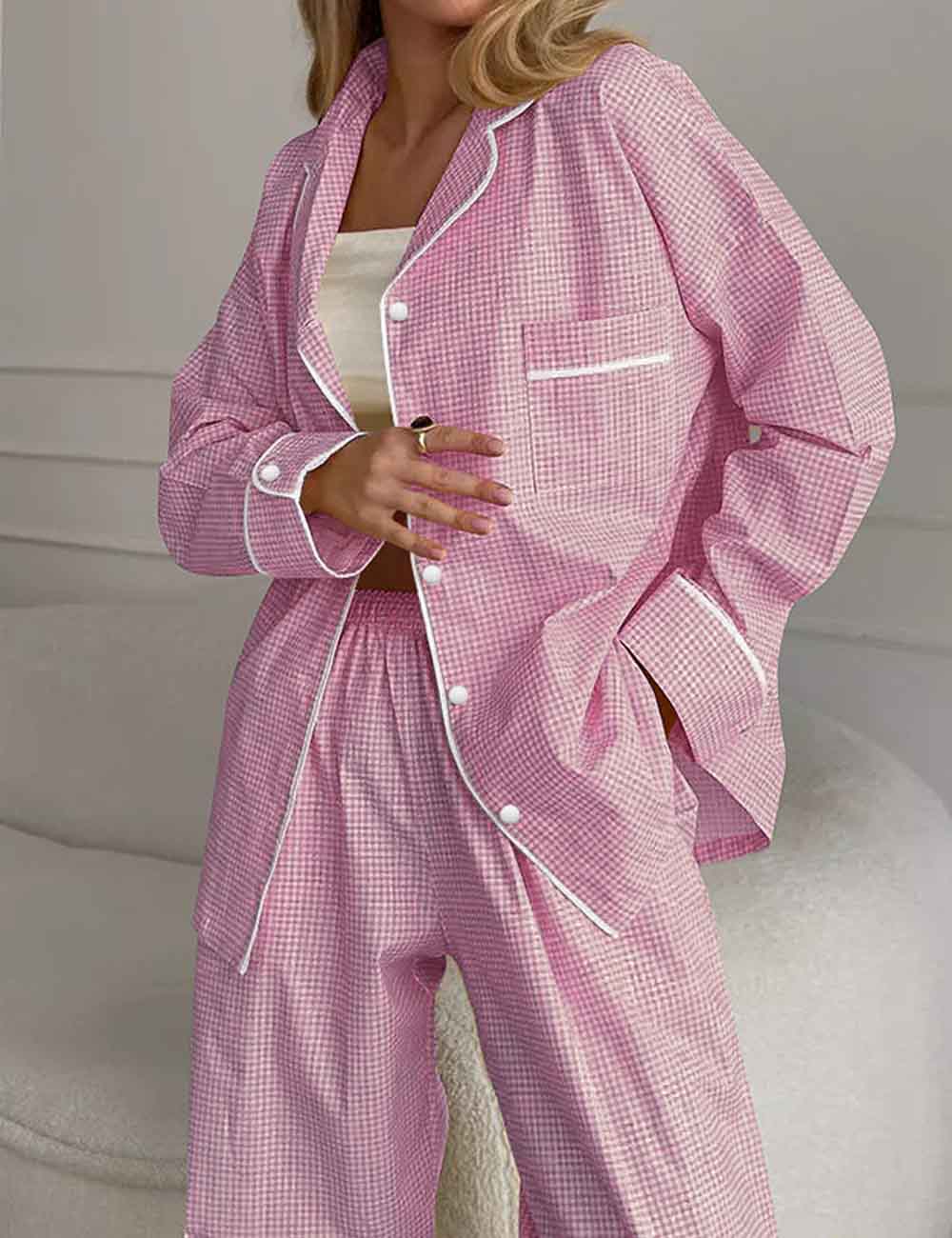 Color Block Plaid Loungewear Pajamas Set