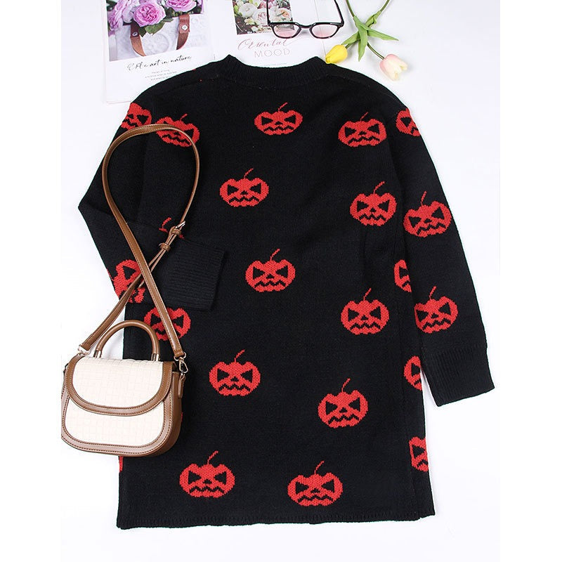 Halloween Pumpkin Long Knit Cardigan