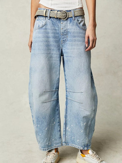 Washed Mid Rise Loose Barrel Jeans