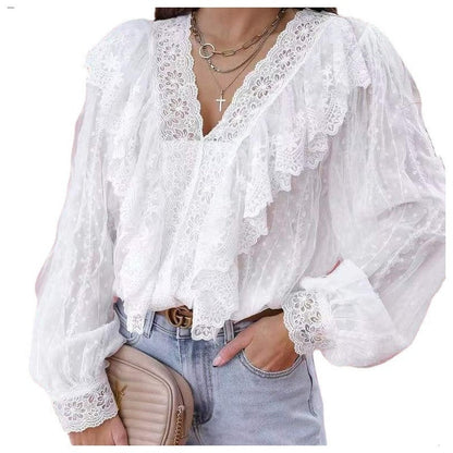 Ladies Lace V Neck Stitching Ruffle Blouse