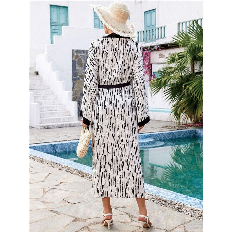 Contrast Color Printing Long Sleeve Belted Casual Loose Long Beach Cardigan Bikini Cover-Up