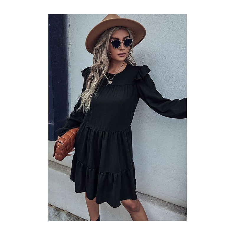 Long Sleeve Black Loose Hepburn Style Dress