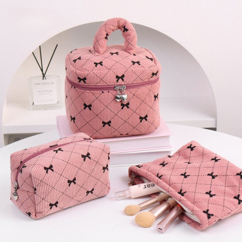 Corduroy Bow Print Large Capacity Make Up Bag