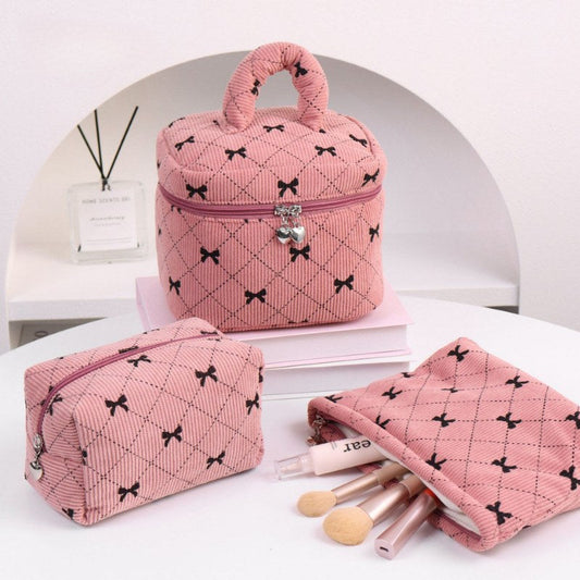 Corduroy Bow Print Large Capacity Make Up Bag
