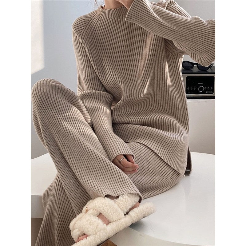 Pure Color Sweater Casual Suit